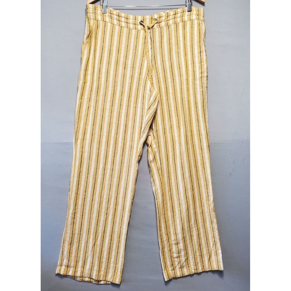 Per Se Linen Blend Striped Pants Womens L Yellow White Drawstring Casual Resort